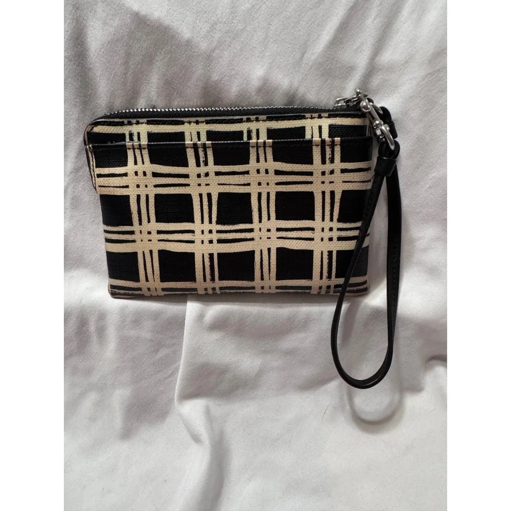 Coach New York Plaid Wristlet Black Cream Coated Canvas Zip Top Pouch Wallet